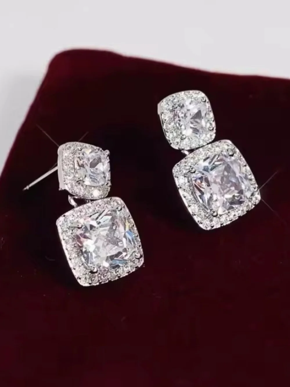 White Rhodium Double Cushion Halo Drop Earrings - Picture 5 of 5